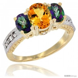 14k Yellow Gold Ladies Oval Natural Citrine 3-Stone Ring with Mystic Topaz Sides Diamond Accent