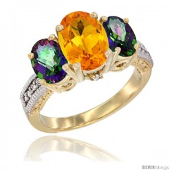 14K Yellow Gold Ladies 3-Stone Oval Natural Citrine Ring with Mystic Topaz Sides Diamond Accent