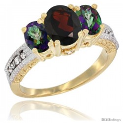 14k Yellow Gold Ladies Oval Natural Garnet 3-Stone Ring with Mystic Topaz Sides Diamond Accent