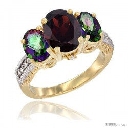 14K Yellow Gold Ladies 3-Stone Oval Natural Garnet Ring with Mystic Topaz Sides Diamond Accent