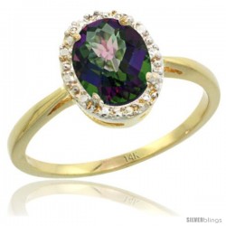 14k Yellow Gold Mystic Topaz Diamond Halo Ring 1.17 Carat 8X6 mm Oval Shape, 1/2 in wide