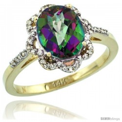 14k Yellow Gold Diamond Halo Mystic Topaz Ring 1.65 Carat Oval Shape 9X7 mm, 7/16 in (11mm) wide