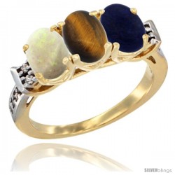 10K Yellow Gold Natural Opal, Tiger Eye & Lapis Ring 3-Stone Oval 7x5 mm Diamond Accent