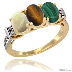 10K Yellow Gold Natural Opal, Tiger Eye & Malachite Ring 3-Stone Oval 7x5 mm Diamond Accent