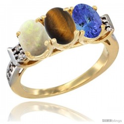 10K Yellow Gold Natural Opal, Tiger Eye & Tanzanite Ring 3-Stone Oval 7x5 mm Diamond Accent