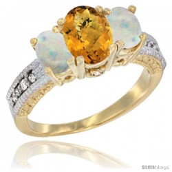 10K Yellow Gold Ladies Oval Natural Whisky Quartz 3-Stone Ring with Opal Sides Diamond Accent