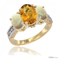 10K Yellow Gold Ladies 3-Stone Oval Natural Whisky Quartz Ring with Opal Sides Diamond Accent