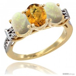 10K Yellow Gold Natural Whisky Quartz & Opal Sides Ring 3-Stone Oval 7x5 mm Diamond Accent