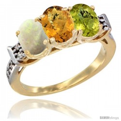 10K Yellow Gold Natural Opal, Whisky Quartz & Lemon Quartz Ring 3-Stone Oval 7x5 mm Diamond Accent