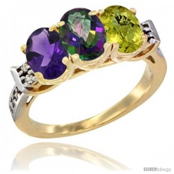 10K Yellow Gold Natural Amethyst, Mystic Topaz & Lemon Quartz Ring 3-Stone Oval 7x5 mm Diamond Accent