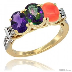 10K Yellow Gold Natural Amethyst, Mystic Topaz & Coral Ring 3-Stone Oval 7x5 mm Diamond Accent