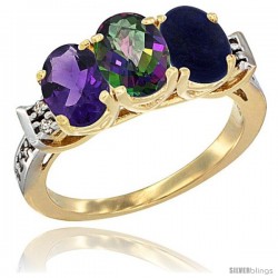 10K Yellow Gold Natural Amethyst, Mystic Topaz & Lapis Ring 3-Stone Oval 7x5 mm Diamond Accent