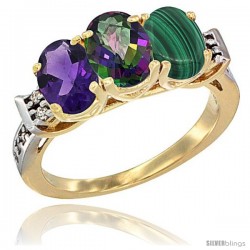 10K Yellow Gold Natural Amethyst, Mystic Topaz & Malachite Ring 3-Stone Oval 7x5 mm Diamond Accent