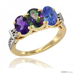 10K Yellow Gold Natural Amethyst, Mystic Topaz & Tanzanite Ring 3-Stone Oval 7x5 mm Diamond Accent