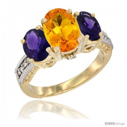 10K Yellow Gold Ladies 3-Stone Oval Natural Citrine Ring with Amethyst Sides Diamond Accent