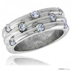 Highest Quality Sterling Silver 5/16 in (8 mm) wide Grooved Stone Band, Brilliant Cut CZ Stones