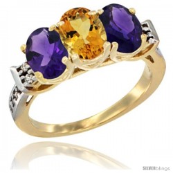 10K Yellow Gold Natural Citrine & Amethyst Sides Ring 3-Stone Oval 7x5 mm Diamond Accent