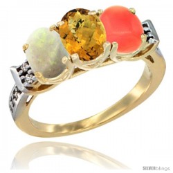 10K Yellow Gold Natural Opal, Whisky Quartz & Coral Ring 3-Stone Oval 7x5 mm Diamond Accent