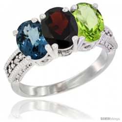 14K White Gold Natural London Blue Topaz, Garnet & Peridot Ring 3-Stone 7x5 mm Oval Diamond Accent