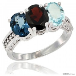 14K White Gold Natural London Blue Topaz, Garnet & Aquamarine Ring 3-Stone 7x5 mm Oval Diamond Accent