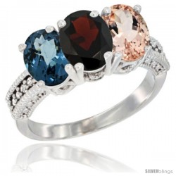 14K White Gold Natural London Blue Topaz, Garnet & Morganite Ring 3-Stone 7x5 mm Oval Diamond Accent