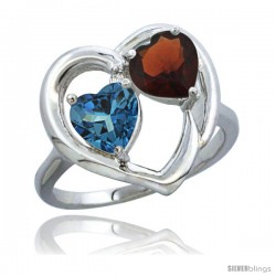 14k White Gold 2-Stone Heart Ring 6mm Natural London Blue Topaz & Garnet Diamond Accent