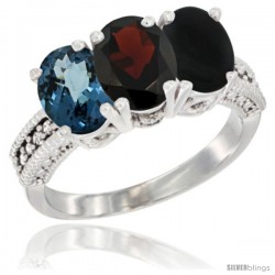 14K White Gold Natural London Blue Topaz, Garnet & Black Onyx Ring 3-Stone 7x5 mm Oval Diamond Accent