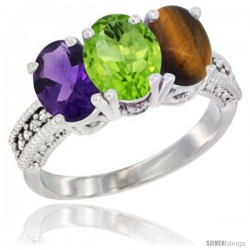 10K White Gold Natural Amethyst, Peridot & Tiger Eye Ring 3-Stone Oval 7x5 mm Diamond Accent