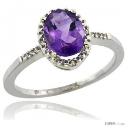 10k White Gold Diamond Amethyst Ring 1.17 ct Oval Stone 8x6 mm, 3/8 in wide