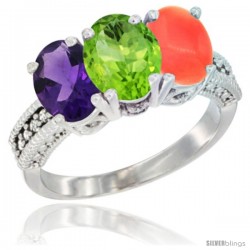 10K White Gold Natural Amethyst, Peridot & Coral Ring 3-Stone Oval 7x5 mm Diamond Accent