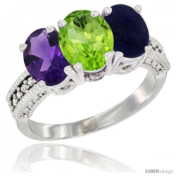 10K White Gold Natural Amethyst, Peridot & Lapis Ring 3-Stone Oval 7x5 mm Diamond Accent