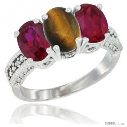 14K White Gold Natural Tiger Eye & Ruby Sides Ring 3-Stone 7x5 mm Oval Diamond Accent