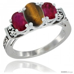 14K White Gold Natural Tiger Eye & Ruby Ring 3-Stone Oval with Diamond Accent