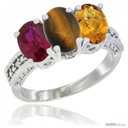 14K White Gold Natural Ruby, Tiger Eye & Whisky Quartz Ring 3-Stone 7x5 mm Oval Diamond Accent