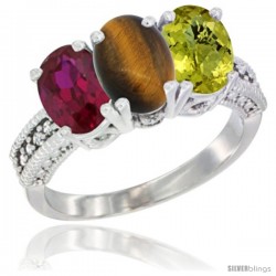 14K White Gold Natural Ruby, Tiger Eye & Lemon Quartz Ring 3-Stone 7x5 mm Oval Diamond Accent