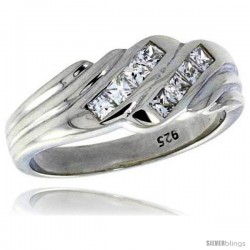 Highest Quality Sterling Silver 5/16 in (8 mm) wide Wedding Band, Brilliant Cut CZ Stones -Style Rcz488