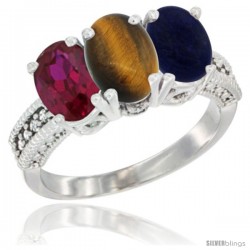 14K White Gold Natural Ruby, Tiger Eye & Lapis Ring 3-Stone 7x5 mm Oval Diamond Accent