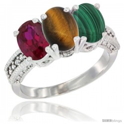 14K White Gold Natural Ruby, Tiger Eye & Malachite Ring 3-Stone 7x5 mm Oval Diamond Accent