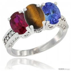 14K White Gold Natural Ruby, Tiger Eye & Tanzanite Ring 3-Stone 7x5 mm Oval Diamond Accent