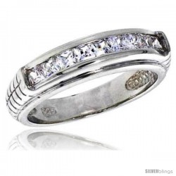 Highest Quality Sterling Silver 1/4 in (6 mm) wide Wedding Band, Brilliant Cut CZ Stones -Style Rcz489