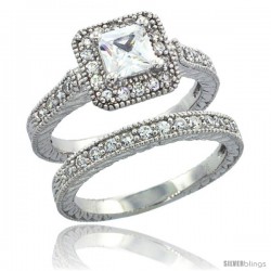 Sterling Silver Vintage Style 2-Pc. Square Engagement Ring Set w/ Princess (5 mm) & Brilliant Cut CZ Stones, 3/8 in. (10 mm)