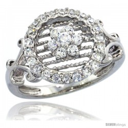 Sterling Silver Vintage Style Floral Engagement Ring w/ Brilliant Cut CZ Stones, 1/2 in. (13 mm) wide