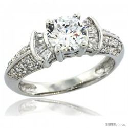 Sterling Silver Vintage Style Solitaire Engagement Ring w/ Baguette & Brilliant Cut CZ Stones, 1/4 in. (6.5 mm) wide