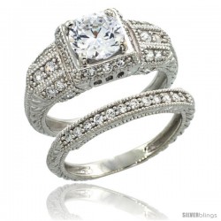 Sterling Silver Vintage Style 2-Pc. Engagement Ring Set w/ Brilliant Cut CZ Stones, 11/32 in. (9 mm) wide