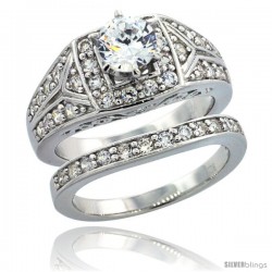 Sterling Silver Vintage Style 2-Pc. Engagement Ring Set w/ Brilliant Cut CZ Stones, 3/8 in. (10 mm) wide