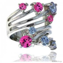 Highest Quality Sterling Silver 1 in (24 mm) wide Right Hand Ring, Brilliant Cut Amethyst & Pink Tourmaline-colored CZ Stones