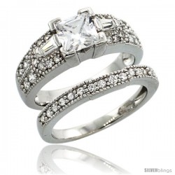 Sterling Silver Vintage Style 2-Pc. Square Engagement Ring Set w/ Princess (6 mm) & Brilliant Cut CZ Stones, 9/32 in. (7.5 mm)