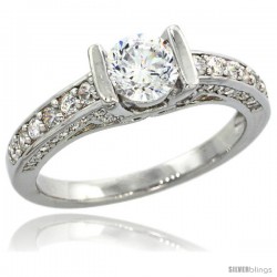 Sterling Silver Vintage Style Solitaire Engagement Ring w/ Brilliant Cut CZ Stones, 7/32 in. (5.5 mm) wide