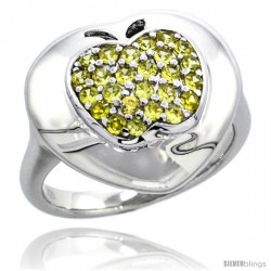 Sterling Silver Apple on Heart Ring w/ Yellow Topaz Color Brilliant Cut CZ Stones, 5/8 in. (16 mm) wide