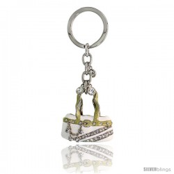 White Purse Hand Bag Key Chain, Key Ring, Key Holder, Key Tag, Key Fob, w/ Brilliant Cut Swarovski Crystals, 4" tall